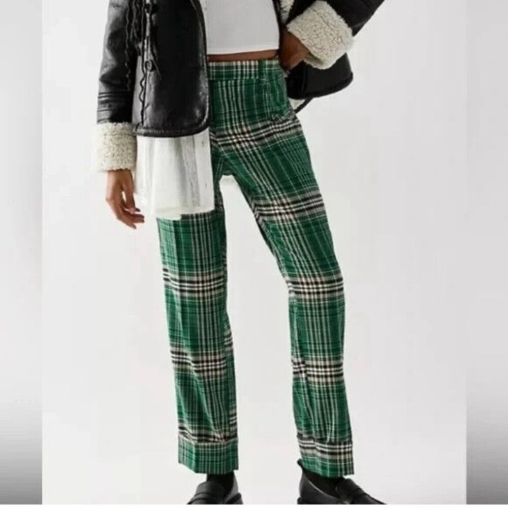 Free People All For Me Plaid Low Rise Green Cuffed Pants NWT Size 2